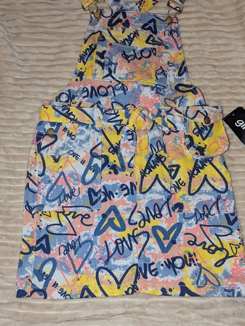 Graffiti Heart Print Denim Overall Dress - Multicolor